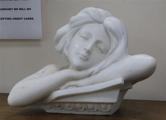 A white marble contemporary bust of a female W.50cm D.28cm H.36cm